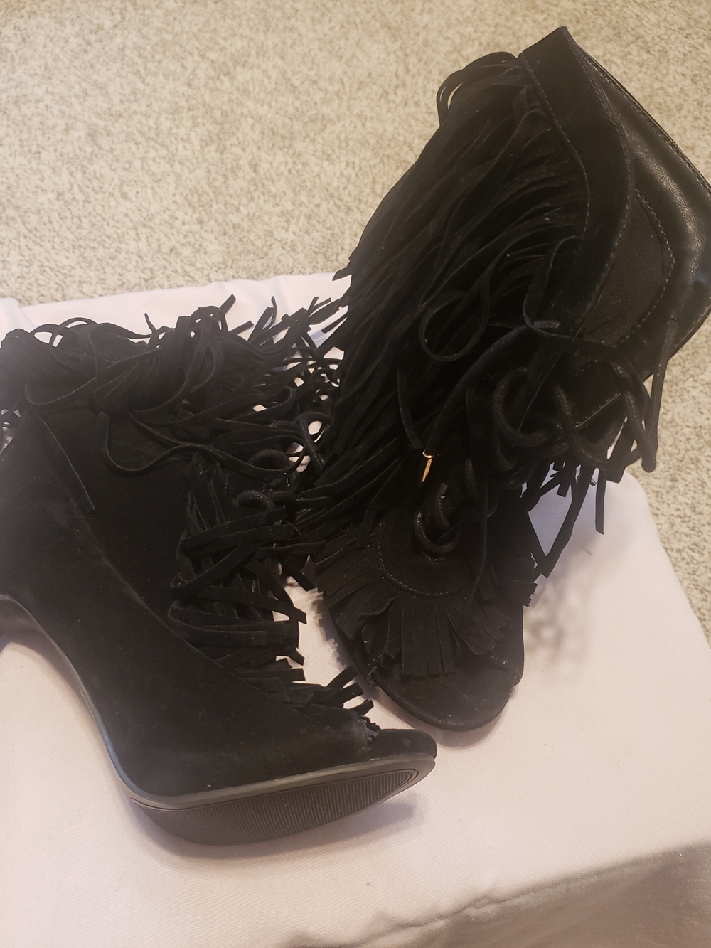 Shoe Republic LA Black Fringe Peep-Toe Heeled Ankle Boots